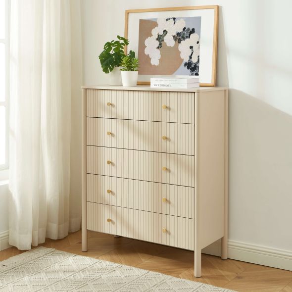 Commode CLEO laqué beige 5 tiroirs 90cm