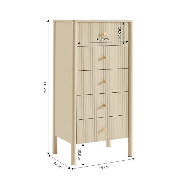 Chiffonnier CLEO laqué 5 tiroirs beige 55cm