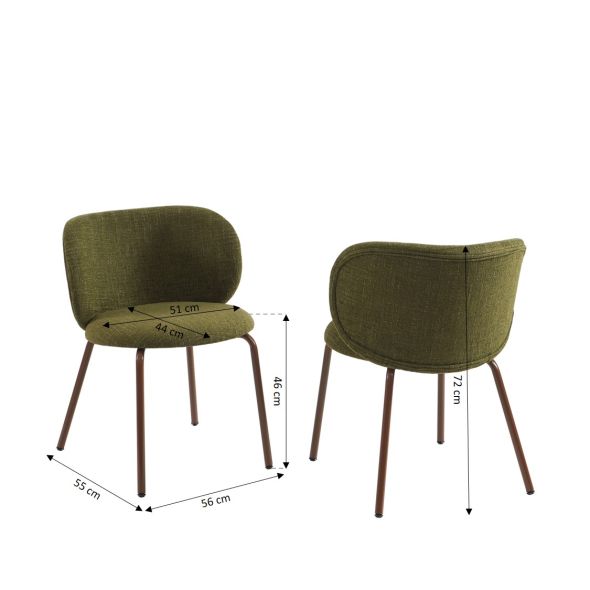 Lot de 2 chaises SERENA tissu chenille vert et pieds métal marron