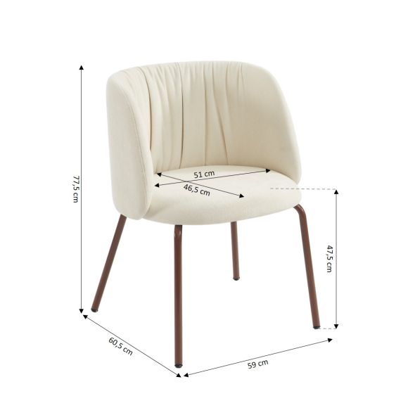 Chaise LUISA tissu chenille écru et pieds métal marron