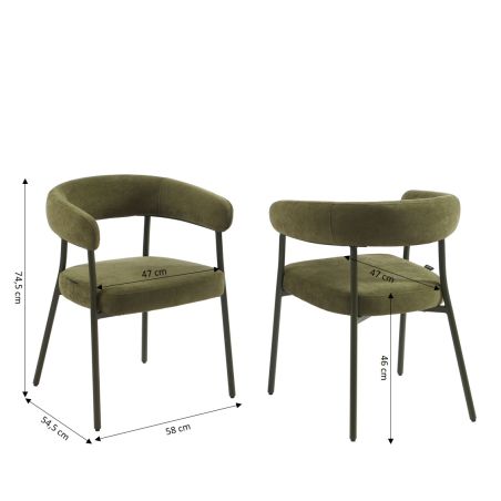 Lot de 2 chaises PANTONE tissu et pieds métal vert olive