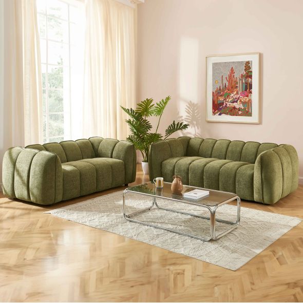 Ensemble canapés droits fixes 3+2 MATILDA tissu chenille vert