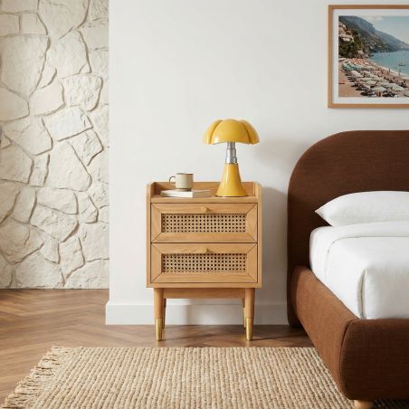 Table de chevet LEON placage chêne et cannage rotin 40cm