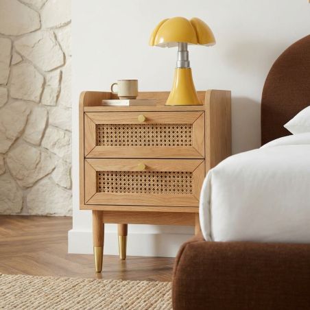 Table de chevet LEON placage chêne et cannage rotin 40cm