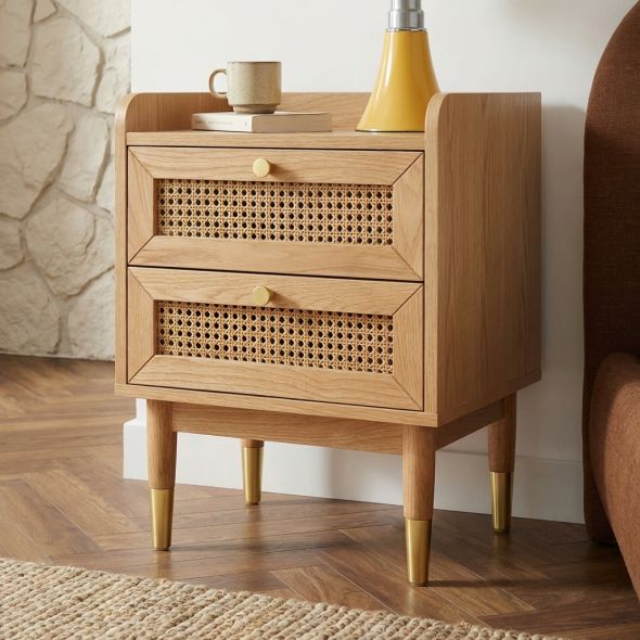 Table de chevet LEON placage chêne et cannage rotin 40cm