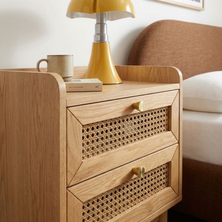 Table de chevet LEON placage chêne et cannage rotin 40cm