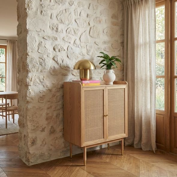 Buffet haut LEON placage chêne et cannage rotin 90cm