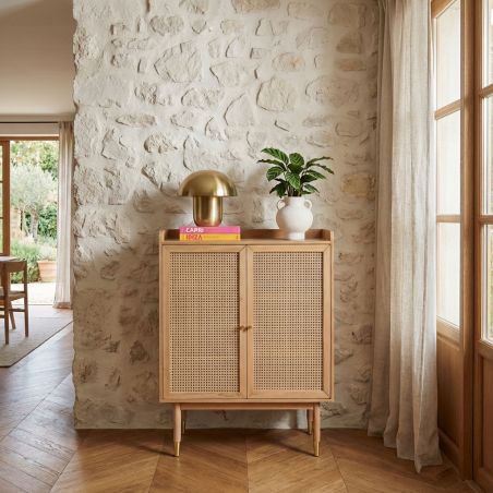 Buffet haut LEON placage chêne et cannage rotin 90cm