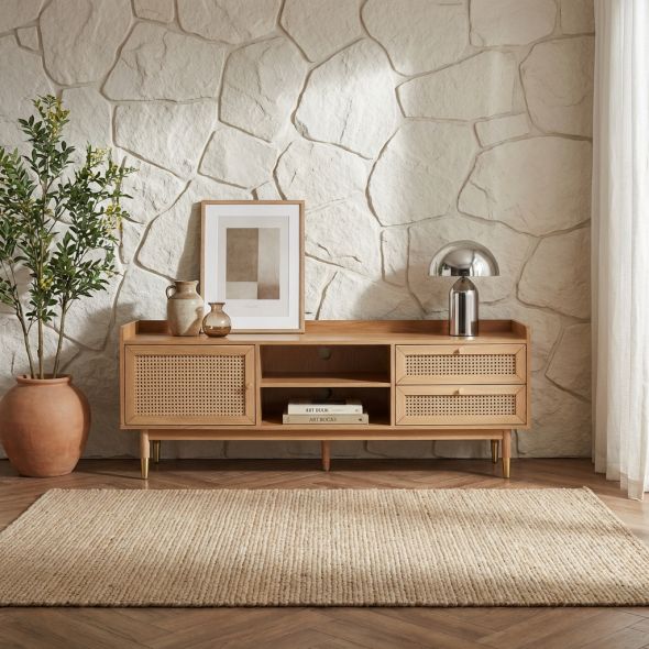 Meuble TV LEON chêne et cannage rotin 160cm