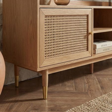 Meuble TV LEON chêne et cannage rotin 160cm