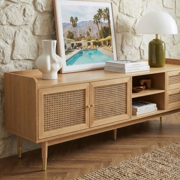 Meuble TV LEON placage chêne et cannage rotin 180cm