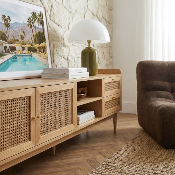Meuble TV LEON placage chêne et cannage rotin 180cm
