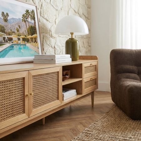 Meuble TV LEON placage chêne et cannage rotin 180cm