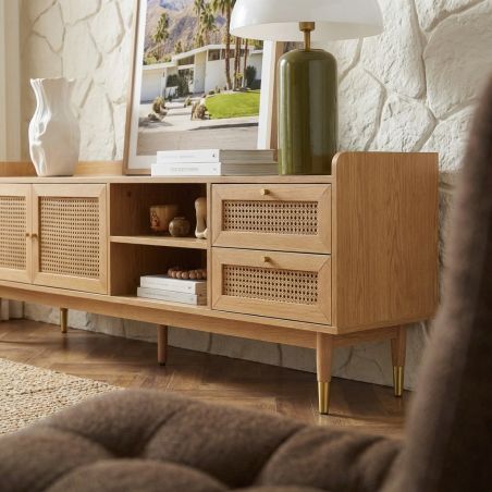 Meuble TV LEON placage chêne et cannage rotin 180cm
