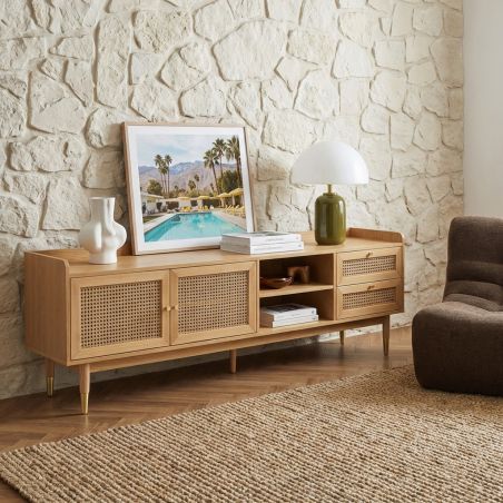 Meuble TV LEON placage chêne et cannage rotin 180cm