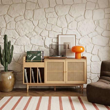 Meuble vinyle LEON placage chêne et cannage rotin 140cm