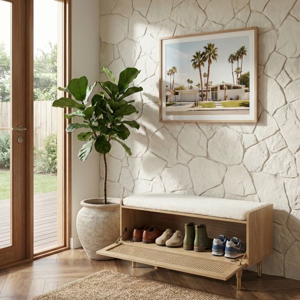 Banc à chaussures LEON placage chêne et cannage rotin 100cm