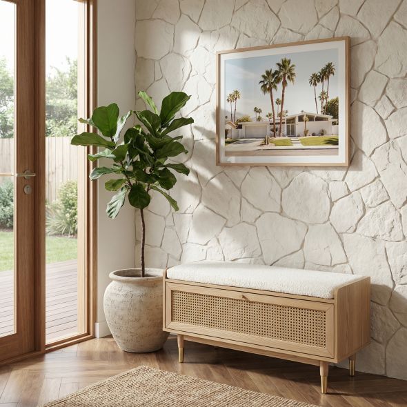 Banc à chaussures LEON placage chêne et cannage rotin 100cm