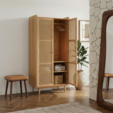 Armoire LEON placage chêne et cannage rotin 2 portes 90cm