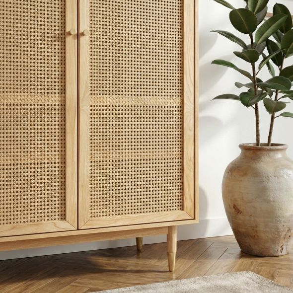 Armoire LEON placage chêne et cannage rotin 2 portes 90cm