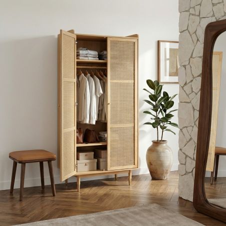 Armoire LEON placage chêne et cannage rotin 2 portes 90cm