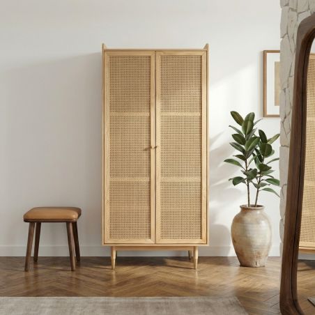 Armoire LEON placage chêne et cannage rotin 2 portes 90cm