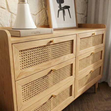 Commode LEON placage chêne et cannage rotin 6 tiroirs 120cm