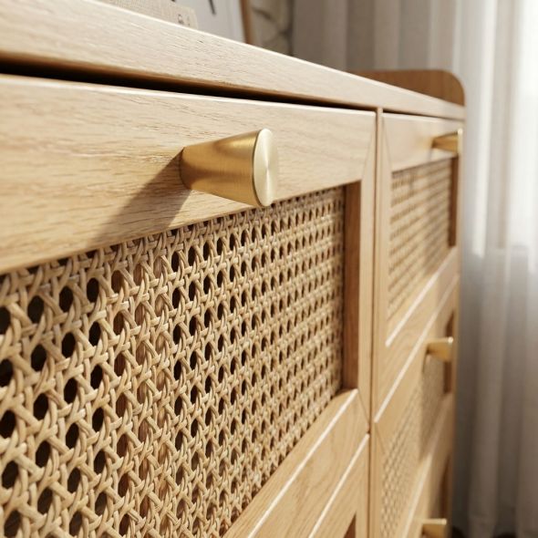 Commode LEON placage chêne et cannage rotin 6 tiroirs 120cm