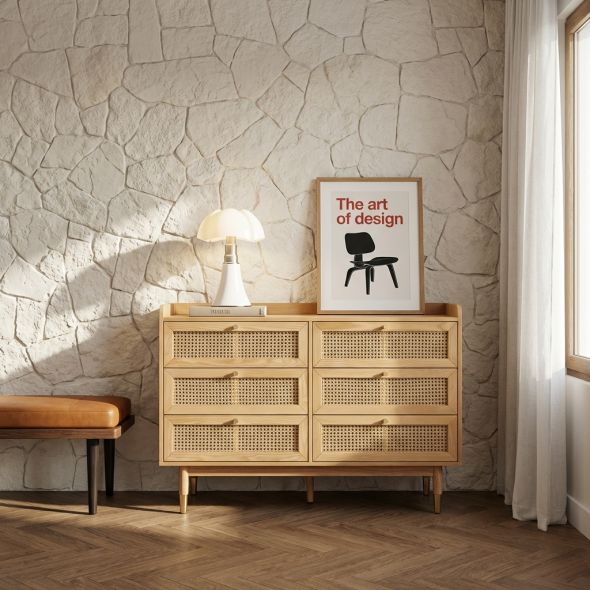 Commode LEON placage chêne et cannage rotin 6 tiroirs 120cm