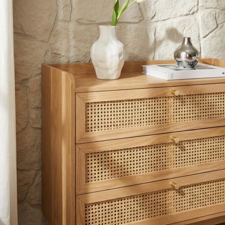Commode LEON placage chêne et cannage rotin 3 tiroirs 85cm