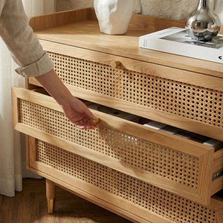 Commode LEON placage chêne et cannage rotin 3 tiroirs 85cm