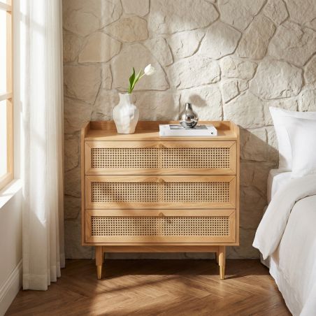 Commode LEON placage chêne et cannage rotin 3 tiroirs 85cm