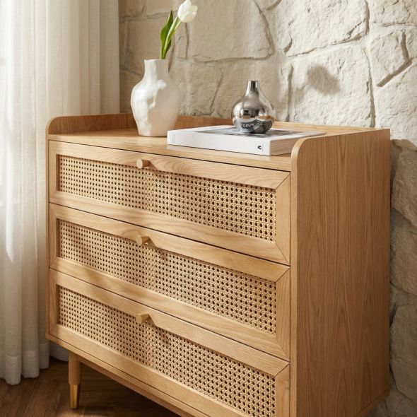 Commode LEON placage chêne et cannage rotin 3 tiroirs 85cm