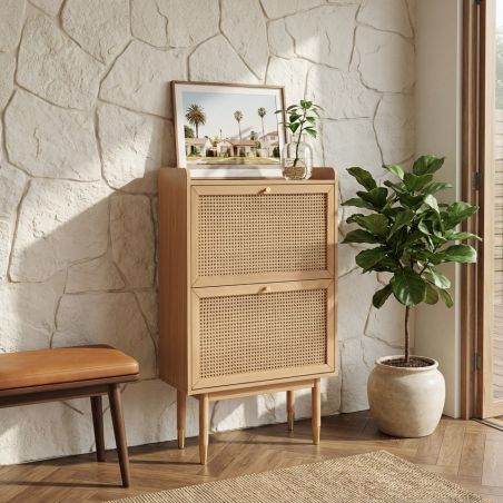 Meuble à chaussures LEON placage chêne et cannage rotin 70cm