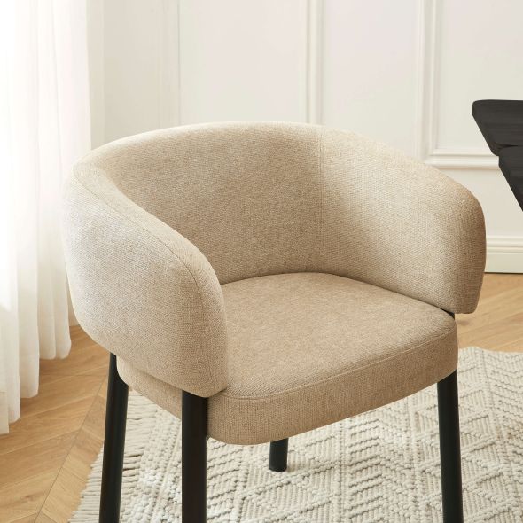 Lot de 4 fauteuils de table ABELIA velours tramé beige et pieds métal noir