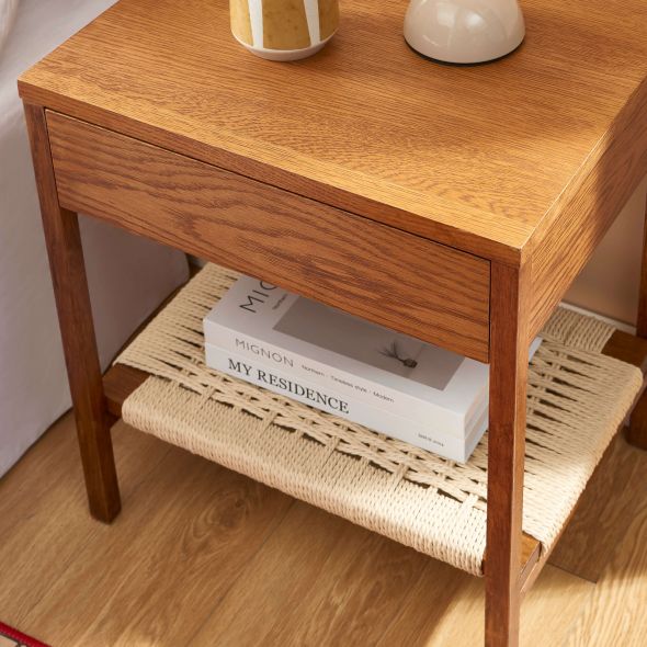 Lot de 2 tables de chevet GINKO placage chêne couleur noyer et corde