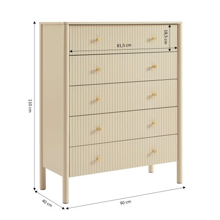 Commode CLEO laqué beige 5 tiroirs 90cm