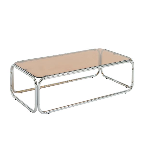 Table basse MAGGY verre trempé orange foncé structure en chrome