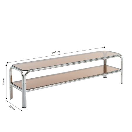 Meuble TV MAGGY verre trempé orange et structure en chrome 160cm