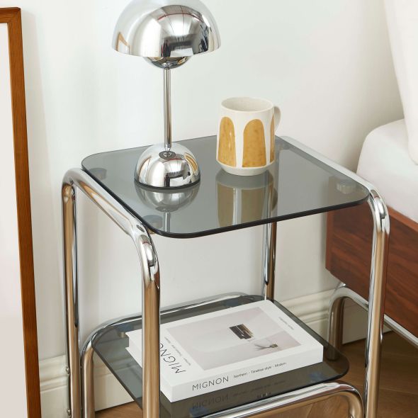 Table de chevet MAGGY verre trempé noir structure en chrome
