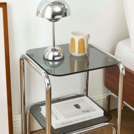 Table de chevet MAGGY verre trempé noir structure en chrome