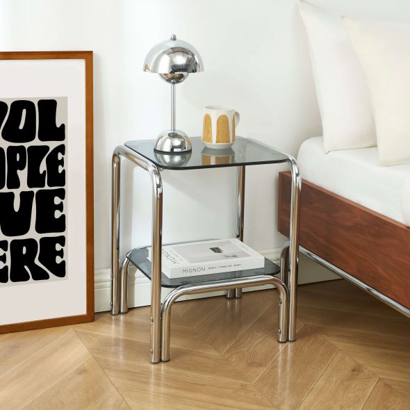 Table de chevet MAGGY verre trempé noir structure en chrome