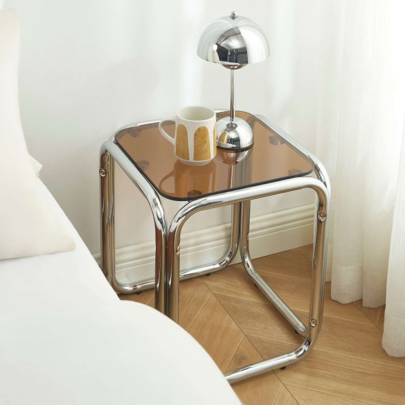 Table d'appoint MAGGY verre trempé orange structure en chrome