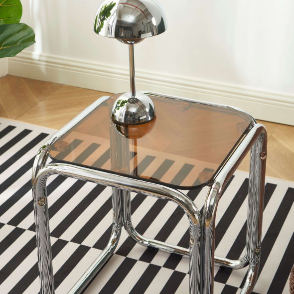 Table d'appoint MAGGY verre trempé orange structure en chrome