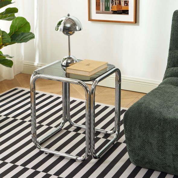 Table d'appoint MAGGY verre trempé noir structure en chrome