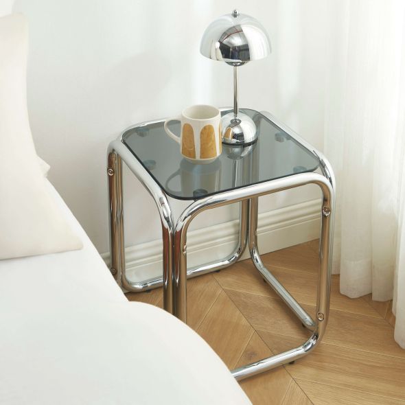 Table d'appoint MAGGY verre trempé noir structure en chrome
