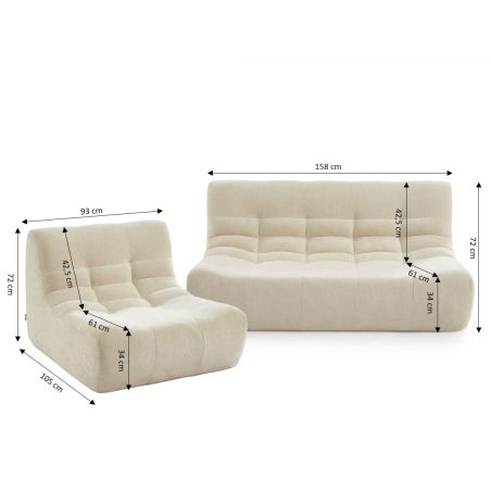 Ensemble banquette et chauffeuse JANIS modulable 3 places tissu chenille écru