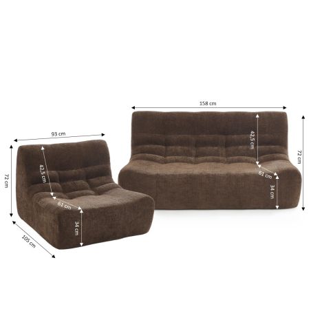 Ensemble banquette et chauffeuse JANIS modulable 3 places tissu chenille marron