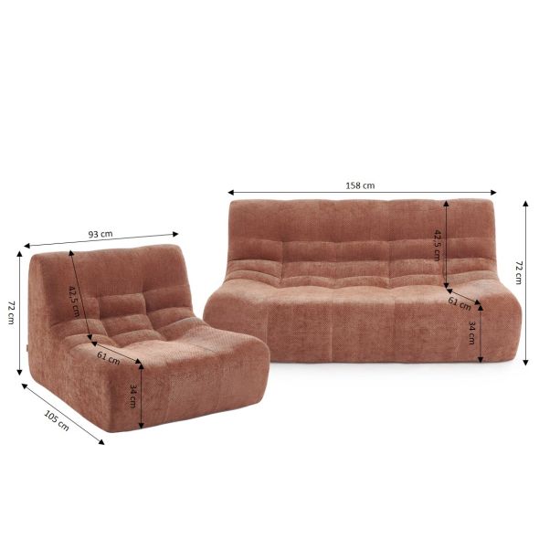 Ensemble banquette et chauffeuse JANIS modulable 3 places tissu chenille terracotta