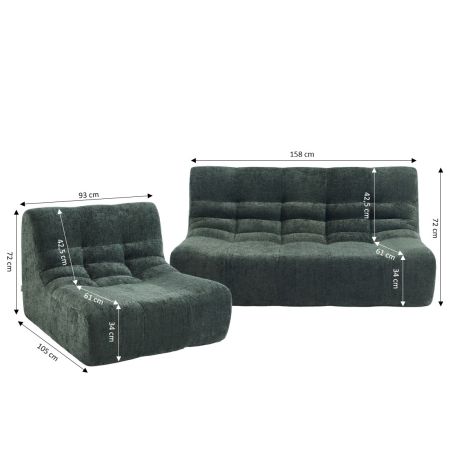 Ensemble banquette et chauffeuse JANIS modulable 3 places tissu chenille vert